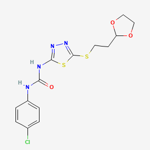 molecular formula C14H15ClN4O3S2 B2559939 1-(5-((2-(1,3-二氧戊环-2-基)乙硫基)-1,3,4-噻二唑-2-基)-3-(4-氯苯基)脲 CAS No. 922570-35-2