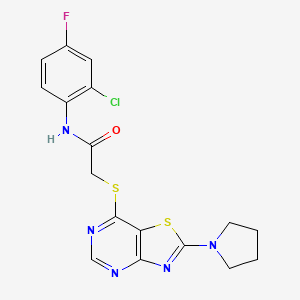 molecular formula C17H15ClFN5OS2 B2559952 N-(2-chloro-4-fluorophenyl)-2-((2-(pyrrolidin-1-yl)thiazolo[4,5-d]pyrimidin-7-yl)thio)acetamide CAS No. 1189480-21-4