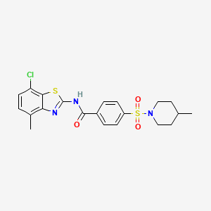 molecular formula C21H22ClN3O3S2 B2559966 N-(7-chloro-4-methylbenzo[d]thiazol-2-yl)-4-((4-methylpiperidin-1-yl)sulfonyl)benzamide CAS No. 896675-95-9