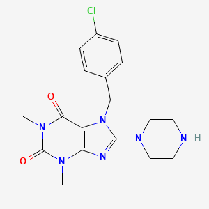 molecular formula C18H21ClN6O2 B2559994 7-(4-Chloro-benzyl)-1,3-dimethyl-8-piperazin-1-yl-3,7-dihydro-purine-2,6-dione CAS No. 476479-86-4