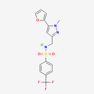 molecular formula C16H14F3N3O3S B2560010 N-((5-(furan-2-yl)-1-methyl-1H-pyrazol-3-yl)methyl)-4-(trifluoromethyl)benzenesulfonamide CAS No. 1421474-14-7