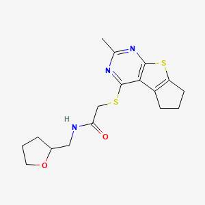 molecular formula C17H21N3O2S2 B2560015 2-((2-methyl-6,7-dihydro-5H-cyclopenta[4,5]thieno[2,3-d]pyrimidin-4-yl)thio)-N-((tetrahydrofuran-2-yl)methyl)acetamide CAS No. 329907-71-3