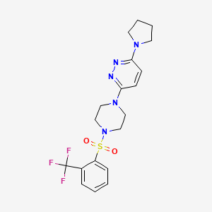 molecular formula C19H22F3N5O2S B2560033 3-(Pyrrolidin-1-yl)-6-(4-((2-(trifluoromethyl)phenyl)sulfonyl)piperazin-1-yl)pyridazine CAS No. 1226440-85-2