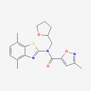 molecular formula C19H21N3O3S B2560136 N-(4,7-dimethylbenzo[d]thiazol-2-yl)-3-methyl-N-((tetrahydrofuran-2-yl)methyl)isoxazole-5-carboxamide CAS No. 946229-00-1