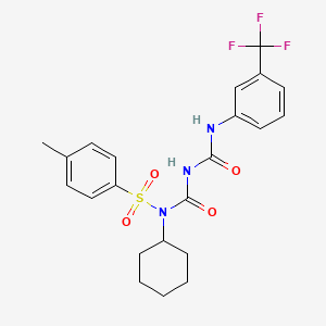 molecular formula C22H24F3N3O4S B2560170 1-Cyclohexyl-1-(4-methylphenyl)sulfonyl-3-[[3-(trifluoromethyl)phenyl]carbamoyl]urea CAS No. 324539-91-5