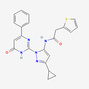 molecular formula C22H19N5O2S B2560189 N-(3-cyclopropyl-1-(6-oxo-4-phenyl-1,6-dihydropyrimidin-2-yl)-1H-pyrazol-5-yl)-2-(thiophen-2-yl)acetamide CAS No. 1207021-53-1