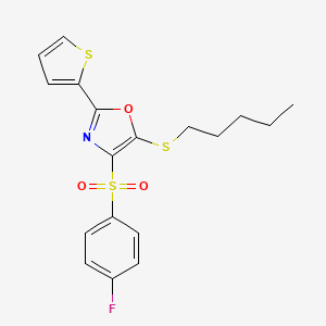 molecular formula C18H18FNO3S3 B2560193 4-((4-Fluorophenyl)sulfonyl)-5-(pentylthio)-2-(thiophen-2-yl)oxazole CAS No. 850928-00-6