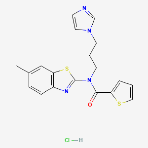 molecular formula C19H19ClN4OS2 B2560198 N-(3-(1H-imidazol-1-yl)propyl)-N-(6-methylbenzo[d]thiazol-2-yl)thiophene-2-carboxamide hydrochloride CAS No. 1216889-11-0
