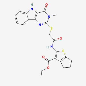 molecular formula C23H22N4O4S2 B2560236 2-[[2-[(3-甲基-4-氧代-5H-嘧啶并[5,4-b]吲哚-2-基)硫代]乙酰]氨基]-5,6-二氢-4H-环戊[b]噻吩-3-羧酸乙酯 CAS No. 537668-06-7