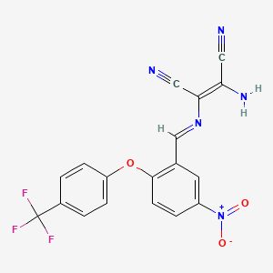molecular formula C18H10F3N5O3 B2560312 (Z)-2-amino-3-[[5-nitro-2-[4-(trifluoromethyl)phenoxy]phenyl]methylideneamino]but-2-enedinitrile CAS No. 1024672-73-8