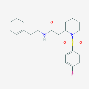 molecular formula C21H29FN2O3S B2560350 N-(2-(cyclohex-1-en-1-yl)ethyl)-2-(1-((4-fluorophenyl)sulfonyl)piperidin-2-yl)acetamide CAS No. 1021074-54-3