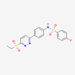 molecular formula C18H16FN3O4S2 B2560423 N-(4-(6-(ethylsulfonyl)pyridazin-3-yl)phenyl)-4-fluorobenzenesulfonamide CAS No. 921864-64-4