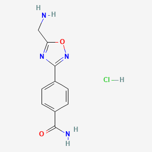 molecular formula C10H11ClN4O2 B2560437 4-[5-(Aminomethyl)-1,2,4-oxadiazol-3-yl]benzamide hydrochloride CAS No. 2279123-49-6