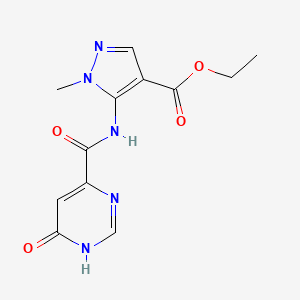 molecular formula C12H13N5O4 B2560439 5-(6-羟基嘧啶-4-甲酰胺)-1-甲基-1H-吡唑-4-甲酸乙酯 CAS No. 2034578-67-9