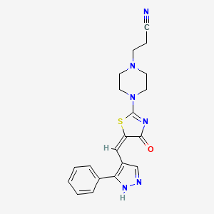 (E)-3-(4-(4-oxo-5-((3-phenyl-1H-pyrazol-4-yl)methylene)-4,5-dihydrothiazol-2-yl)piperazin-1-yl)propanenitrile