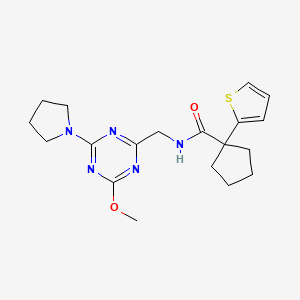 molecular formula C19H25N5O2S B2560474 N-((4-methoxy-6-(pyrrolidin-1-yl)-1,3,5-triazin-2-yl)methyl)-1-(thiophen-2-yl)cyclopentanecarboxamide CAS No. 2034576-99-1