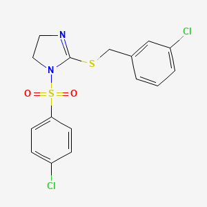 molecular formula C16H14Cl2N2O2S2 B2560622 2-[(3-Chlorophenyl)methylsulfanyl]-1-(4-chlorophenyl)sulfonyl-4,5-dihydroimidazole CAS No. 868218-86-4