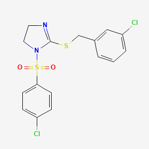 molecular formula C16H14Cl2N2O2S2 B2560622 1-(4-chlorobenzenesulfonyl)-2-{[(3-chlorophenyl)methyl]sulfanyl}-4,5-dihydro-1H-imidazole CAS No. 868218-86-4