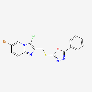 molecular formula C16H10BrClN4OS B2560629 2-(((6-Bromo-3-chloroimidazo[1,2-a]pyridin-2-yl)methyl)thio)-5-phenyl-1,3,4-oxadiazole CAS No. 893709-16-5