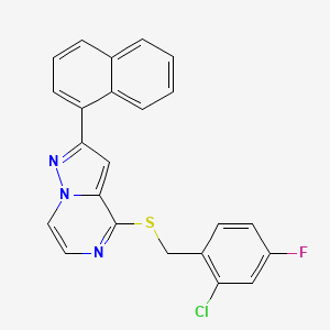 molecular formula C23H15ClFN3S B2560693 4-[(2-Chloro-4-fluorobenzyl)thio]-2-(1-naphthyl)pyrazolo[1,5-a]pyrazine CAS No. 1223857-62-2