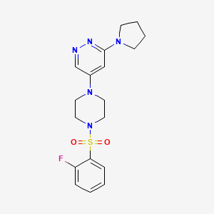 molecular formula C18H22FN5O2S B2560780 5-(4-((2-Fluorophenyl)sulfonyl)piperazin-1-yl)-3-(pyrrolidin-1-yl)pyridazine CAS No. 1797292-78-4