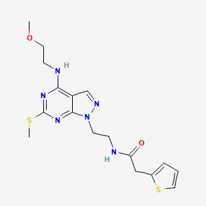 molecular formula C17H22N6O2S2 B2560870 N-(2-(4-((2-甲氧乙基)氨基)-6-(甲硫基)-1H-吡唑并[3,4-d]嘧啶-1-基)乙基)-2-(噻吩-2-基)乙酰胺 CAS No. 941896-73-7