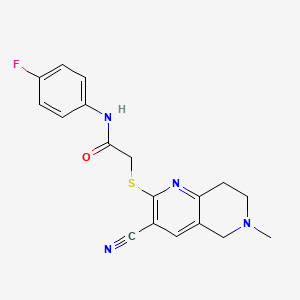 molecular formula C18H17FN4OS B2560914 2-[(3-氰基-6-甲基-7,8-二氢-5H-1,6-萘啶-2-基)硫代]-N-(4-氟苯基)乙酰胺 CAS No. 496018-60-1