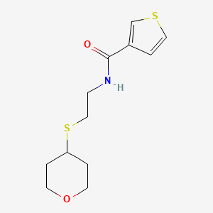 molecular formula C12H17NO2S2 B2560934 N-(2-((tetrahydro-2H-pyran-4-yl)thio)ethyl)thiophene-3-carboxamide CAS No. 2034262-99-0