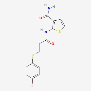 molecular formula C14H13FN2O2S2 B2560953 2-(3-((4-Fluorophenyl)thio)propanamido)thiophene-3-carboxamide CAS No. 896358-49-9
