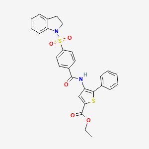 molecular formula C28H24N2O5S2 B2561006 Ethyl 4-(4-(indolin-1-ylsulfonyl)benzamido)-5-phenylthiophene-2-carboxylate CAS No. 327971-99-3