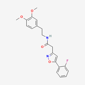 molecular formula C21H21FN2O4 B2561038 N-(3,4-dimethoxyphenethyl)-2-(5-(2-fluorophenyl)isoxazol-3-yl)acetamide CAS No. 1105243-00-2