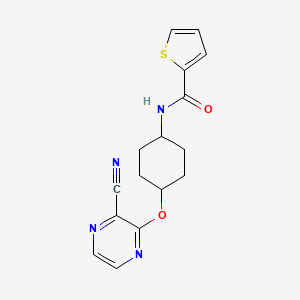 molecular formula C16H16N4O2S B2561045 N-((1r,4r)-4-((3-cyanopyrazin-2-yl)oxy)cyclohexyl)thiophene-2-carboxamide CAS No. 2034255-87-1