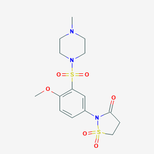 molecular formula C15H21N3O6S2 B256107 2-{4-Methoxy-3-[(4-methyl-1-piperazinyl)sulfonyl]phenyl}-3-isothiazolidinone 1,1-dioxide 