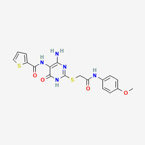 molecular formula C18H17N5O4S2 B2561071 N-(4-amino-2-((2-((4-methoxyphenyl)amino)-2-oxoethyl)thio)-6-oxo-1,6-dihydropyrimidin-5-yl)thiophene-2-carboxamide CAS No. 868225-60-9