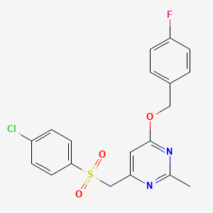 molecular formula C19H16ClFN2O3S B2561094 4-(((4-Chlorophenyl)sulfonyl)methyl)-6-((4-fluorobenzyl)oxy)-2-methylpyrimidine CAS No. 338960-43-3