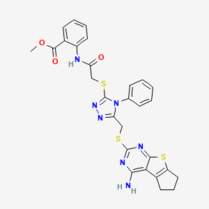 molecular formula C28H25N7O3S3 B2561137 methyl 2-(2-((5-(((4-amino-6,7-dihydro-5H-cyclopenta[4,5]thieno[2,3-d]pyrimidin-2-yl)thio)methyl)-4-phenyl-4H-1,2,4-triazol-3-yl)thio)acetamido)benzoate CAS No. 647819-58-7