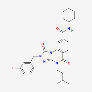 molecular formula C28H32FN5O3 B2561174 N-cyclohexyl-2-(3-fluorobenzyl)-4-(3-methylbutyl)-1,5-dioxo-1,2,4,5-tetrahydro[1,2,4]triazolo[4,3-a]quinazoline-8-carboxamide CAS No. 1223957-89-8