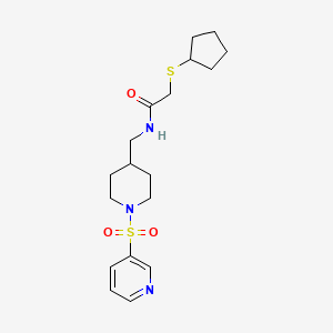 molecular formula C18H27N3O3S2 B2561258 N-({1-(PYRIDINE-3-SULFONYL)PIPERIDIN-4-YL}MÉTHYL)-2-(CYCLOPENTYLSULFANYL)ACÉTAMIDE CAS No. 1448063-10-2