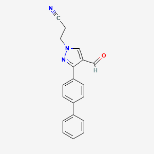molecular formula C19H15N3O B2561281 3-[4-Formyl-3-(4-phenylphenyl)pyrazol-1-yl]propanenitrile CAS No. 255710-86-2