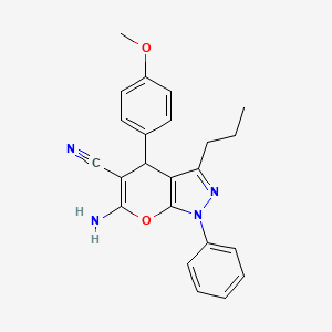 molecular formula C23H22N4O2 B2561290 6-Amino-4-(4-methoxyphenyl)-1-phenyl-3-propyl-1,4-dihydropyrano[2,3-c]pyrazole-5-carbonitrile CAS No. 371144-66-0