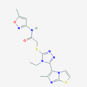 molecular formula C16H17N7O2S2 B2561294 2-((4-ethyl-5-(6-methylimidazo[2,1-b]thiazol-5-yl)-4H-1,2,4-triazol-3-yl)thio)-N-(5-methylisoxazol-3-yl)acetamide CAS No. 1105197-47-4