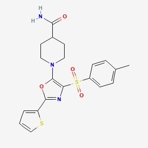 molecular formula C20H21N3O4S2 B2561308 1-[4-(4-甲苯磺酰基)-2-噻吩-2-基-1,3-噁唑-5-基]哌啶-4-甲酰胺 CAS No. 627834-00-8