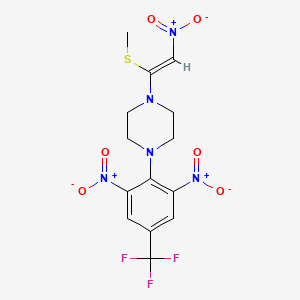 molecular formula C14H14F3N5O6S B2561383 1-[2,6-Dinitro-4-(trifluormethyl)phenyl]-4-[1-(methylsulfanyl)-2-nitrovinyl]piperazin CAS No. 343375-56-4