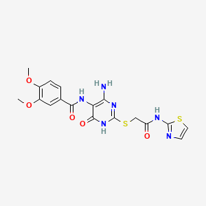 molecular formula C18H18N6O5S2 B2561399 N-(4-amino-6-oxo-2-((2-oxo-2-(thiazol-2-ylamino)ethyl)thio)-1,6-dihydropyrimidin-5-yl)-3,4-dimethoxybenzamide CAS No. 868228-14-2