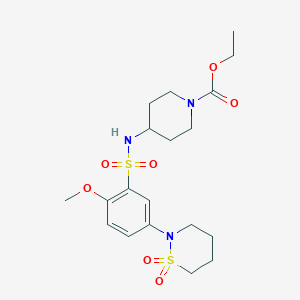 molecular formula C19H29N3O7S2 B256142 Ethyl 4-({[5-(1,1-dioxido-1,2-thiazinan-2-yl)-2-methoxyphenyl]sulfonyl}amino)piperidine-1-carboxylate 
