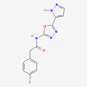 molecular formula C14H12FN5O2 B2561426 2-(4-fluorophenyl)-N-(5-(1-methyl-1H-pyrazol-5-yl)-1,3,4-oxadiazol-2-yl)acetamide CAS No. 1171184-71-6