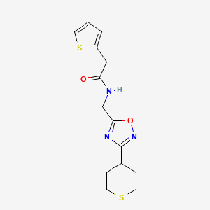 molecular formula C14H17N3O2S2 B2561461 N-{[3-(チアン-4-イル)-1,2,4-オキサジアゾール-5-イル]メチル}-2-(チオフェン-2-イル)アセトアミド CAS No. 2034292-76-5