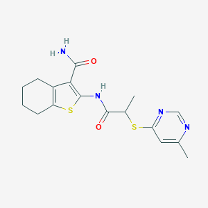 molecular formula C17H20N4O2S2 B256148 2-({2-[(6-Methyl-4-pyrimidinyl)sulfanyl]propanoyl}amino)-4,5,6,7-tetrahydro-1-benzothiophene-3-carboxamide 