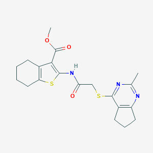 molecular formula C20H23N3O3S2 B256164 methyl 2-({[(2-methyl-6,7-dihydro-5H-cyclopenta[d]pyrimidin-4-yl)thio]acetyl}amino)-4,5,6,7-tetrahydro-1-benzothiophene-3-carboxylate 