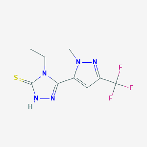 molecular formula C9H10F3N5S B2561753 4-Ethyl-5-(1-methyl-3-(trifluoromethyl)-1H-pyrazol-5-yl)-4H-1,2,4-triazole-3-thiol CAS No. 1001559-40-5